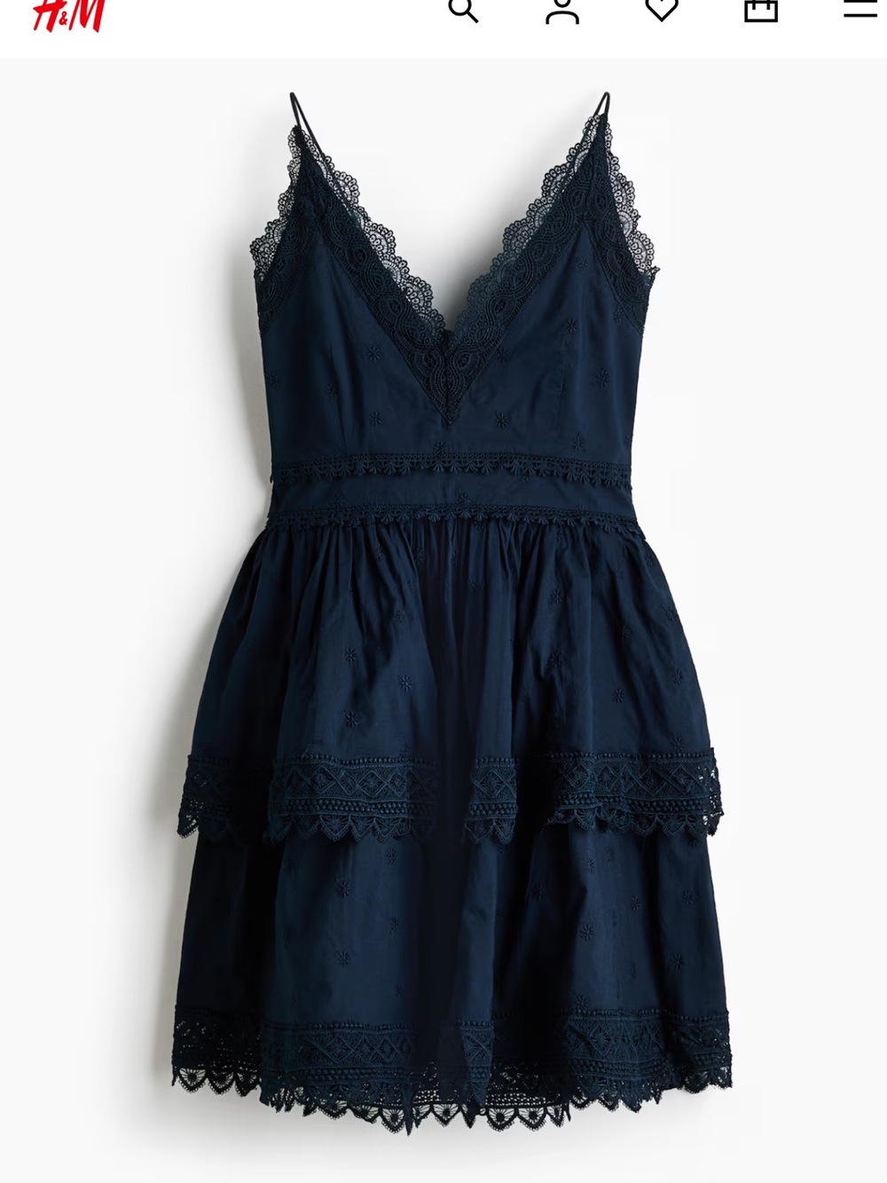H&M Lace-Trimmed V-Neck Cotton Dress — Navy